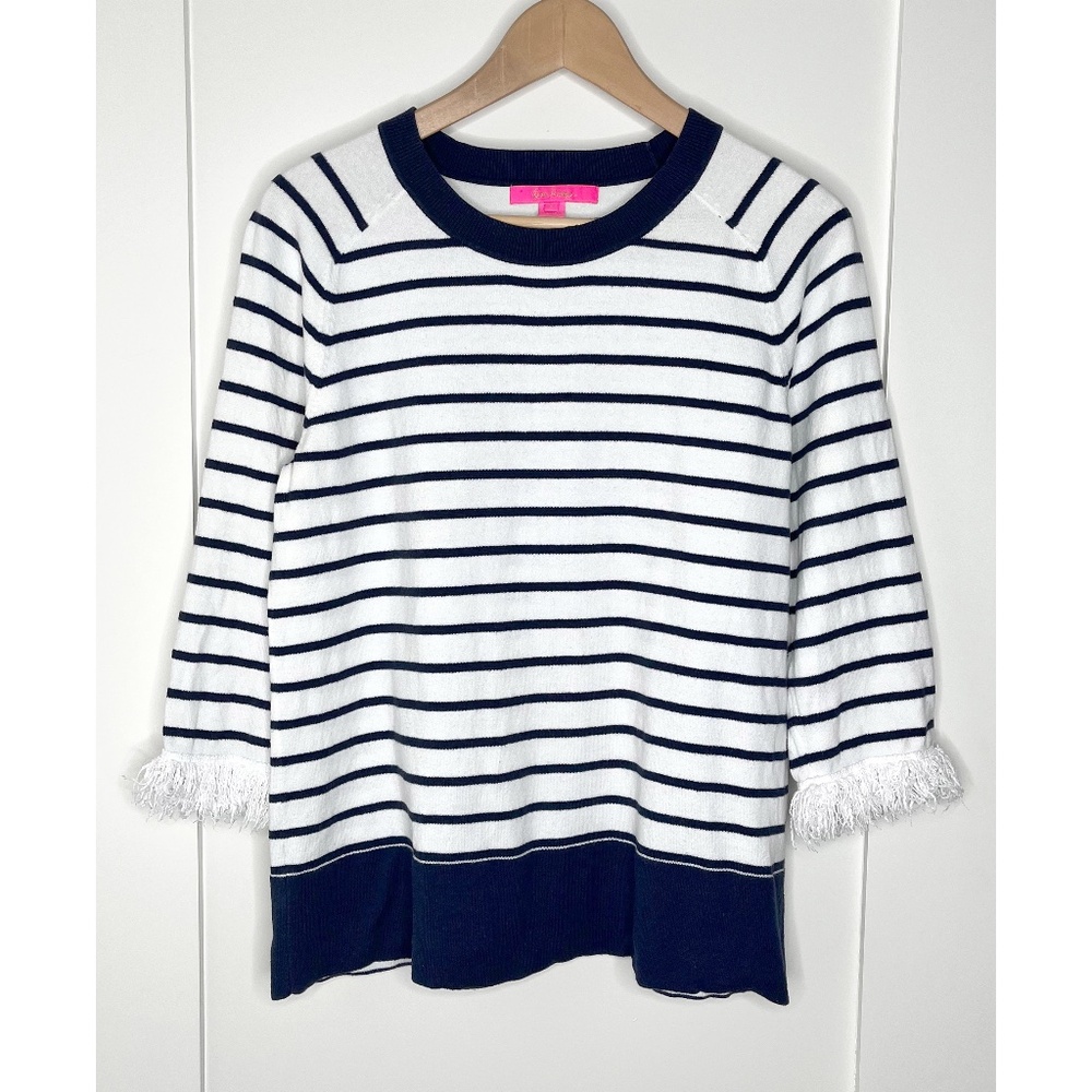 Lilly Pulitzer Dasha Sweater in Navy and White with Fringed Sleeves